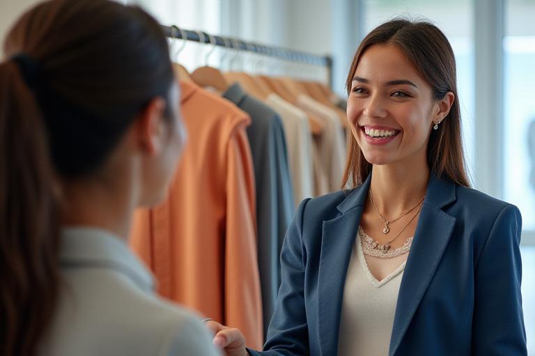 笑顔で服を提案するスタイリスト